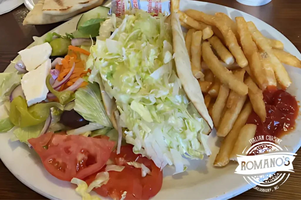 Italian catering plate with salad and fries
